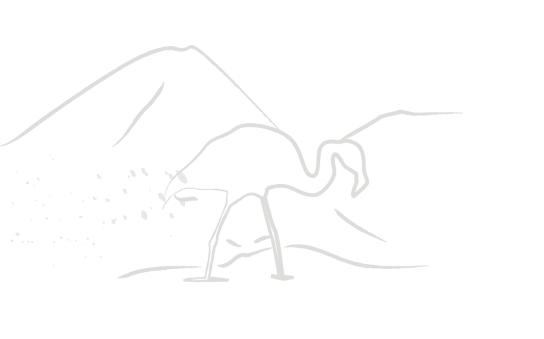 Minimal line illustration of a long-legged bird standing in a natural landscape with mountains in the background.