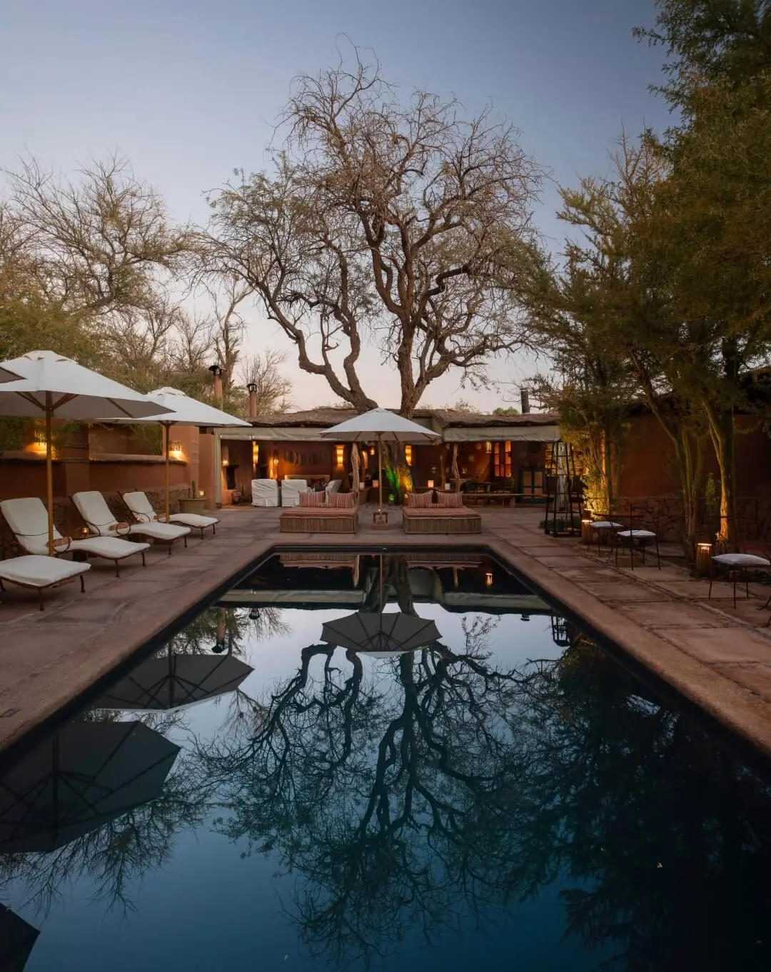 Serene desert courtyard with a reflective pool, soft lighting, and cozy loungers beneath ancient trees at dusk.