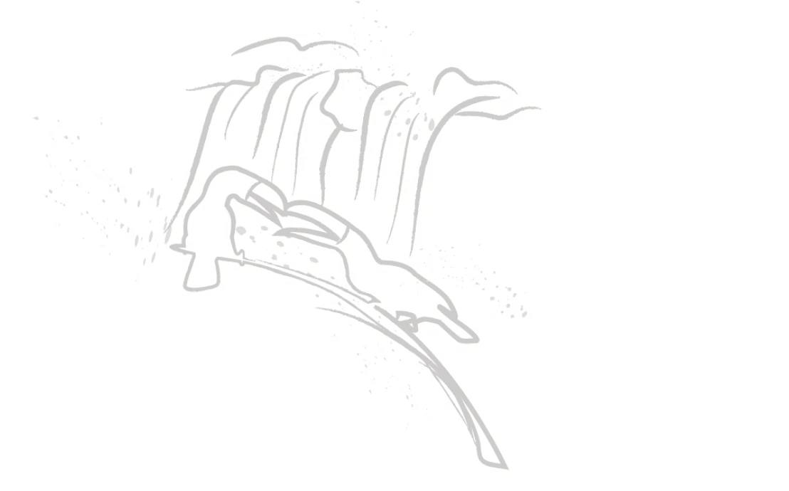 Minimal Line Illustration Of A Person Diving From A Curved Ledge Toward A Stylized Waterfall.