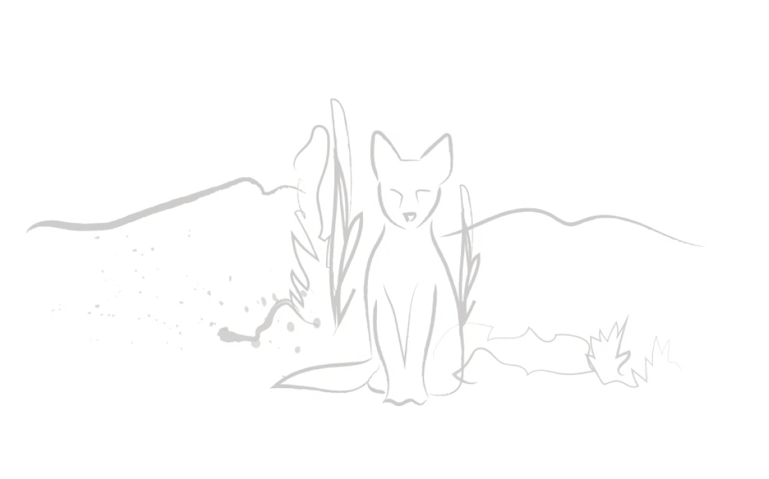 Minimal Line Drawing Of A Fox Sitting Calmly Among Abstract Plants And Landscape Outlines.