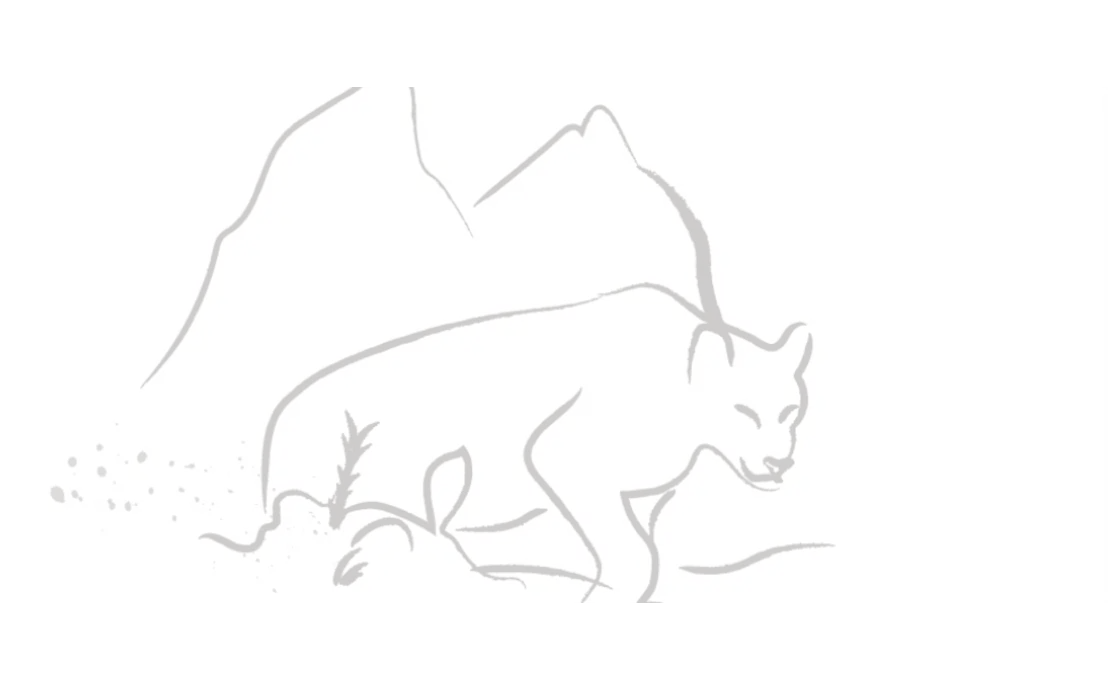 Minimal line illustration of a fox-like canine moving through a mountain landscape.