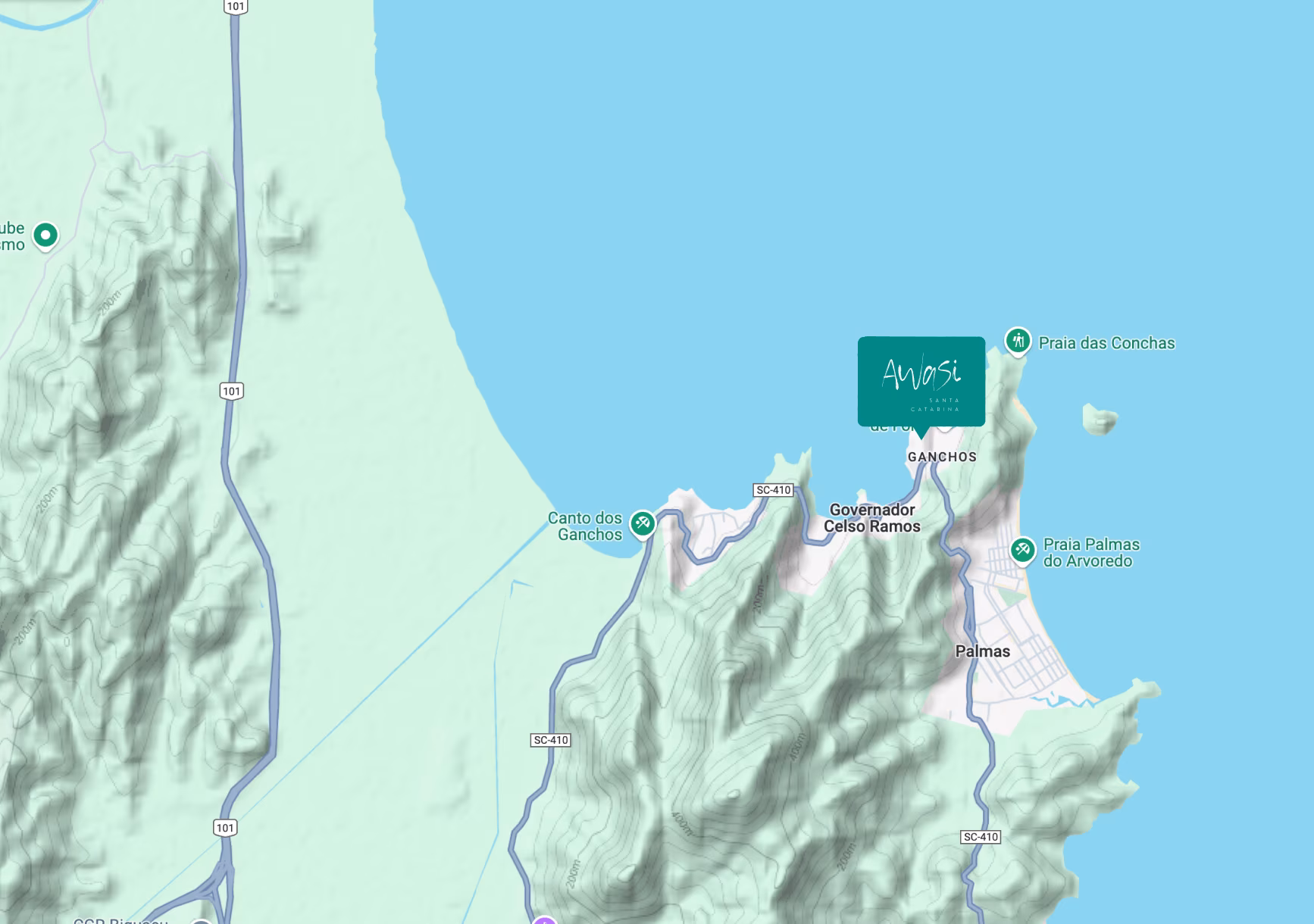 Map showing Anosi location in Santa Catarina, Brazil, near Governador Celso Ramos and beaches like Praia das Conchas.