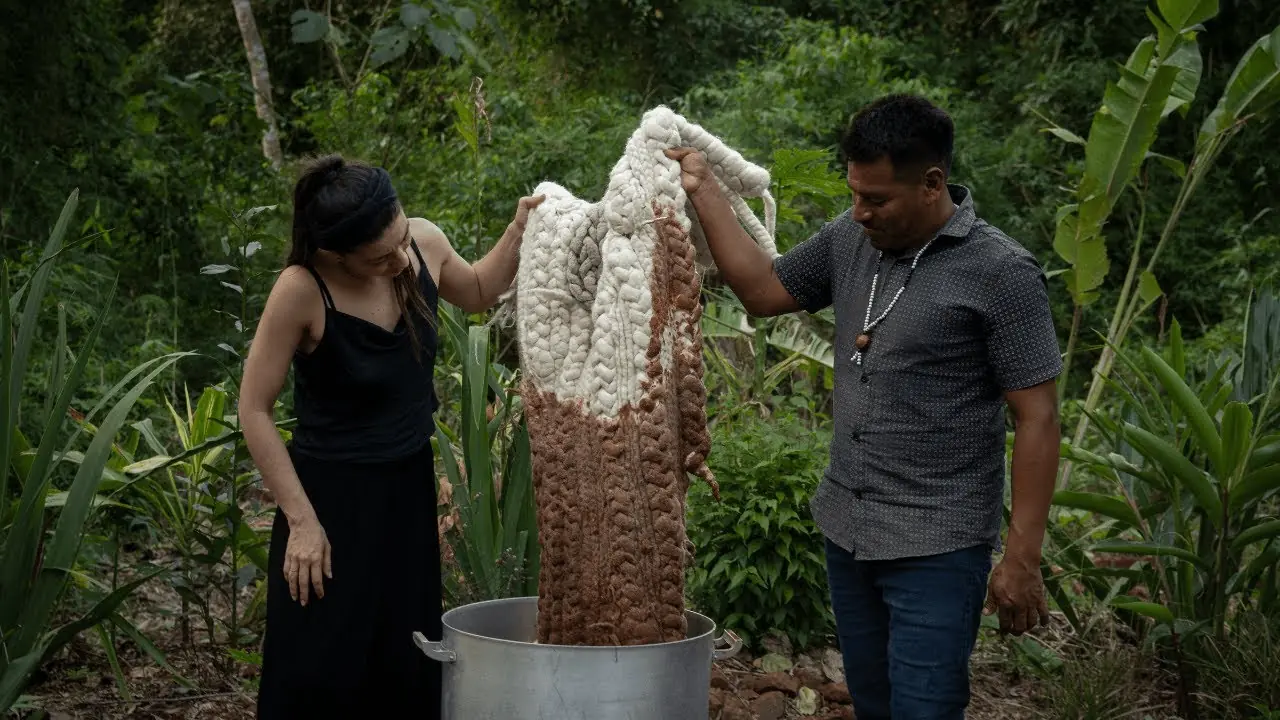 Two people lifting large woven textile from pot outdoors amid lush tropical vegetation.