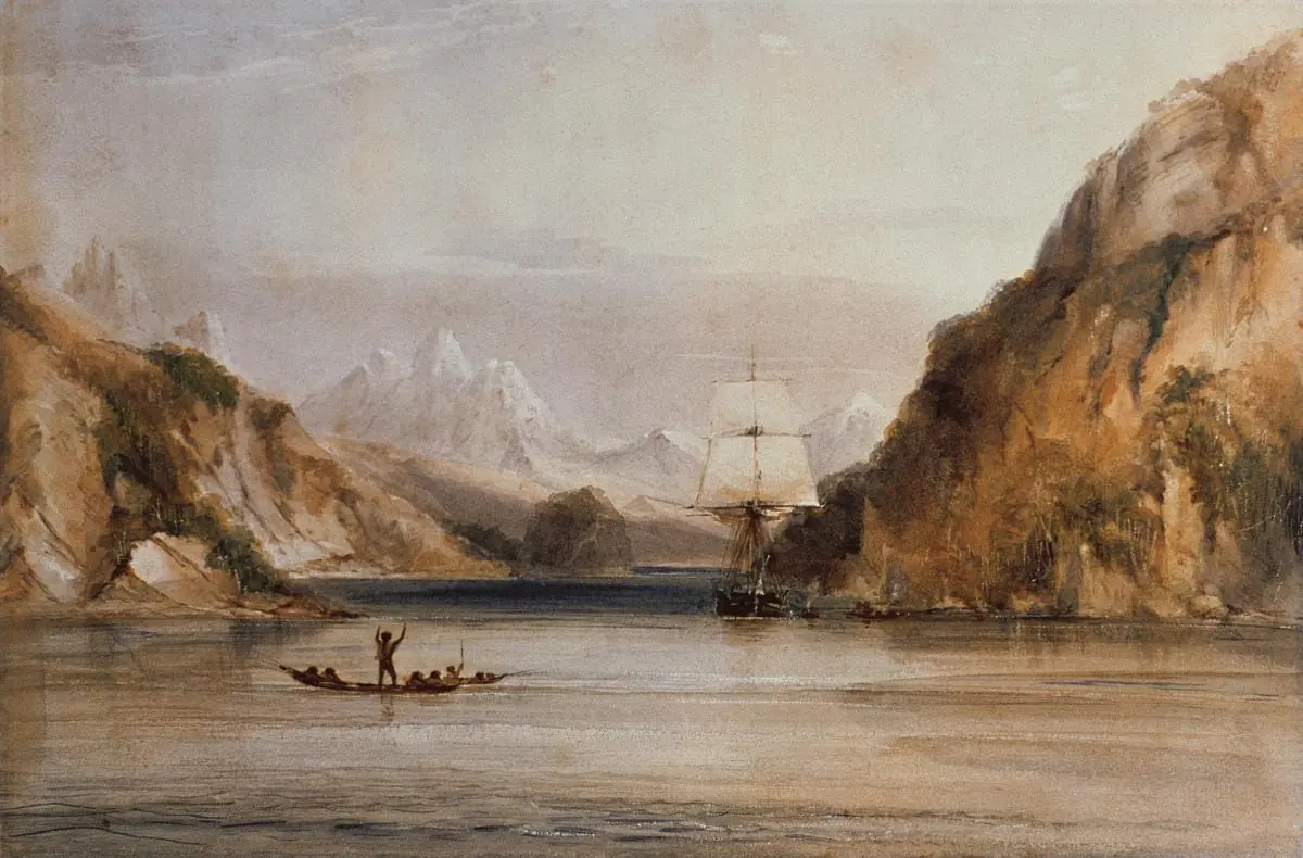 Historic landscape painting of sailboat and canoe navigating narrow fjord between towering cliffs.