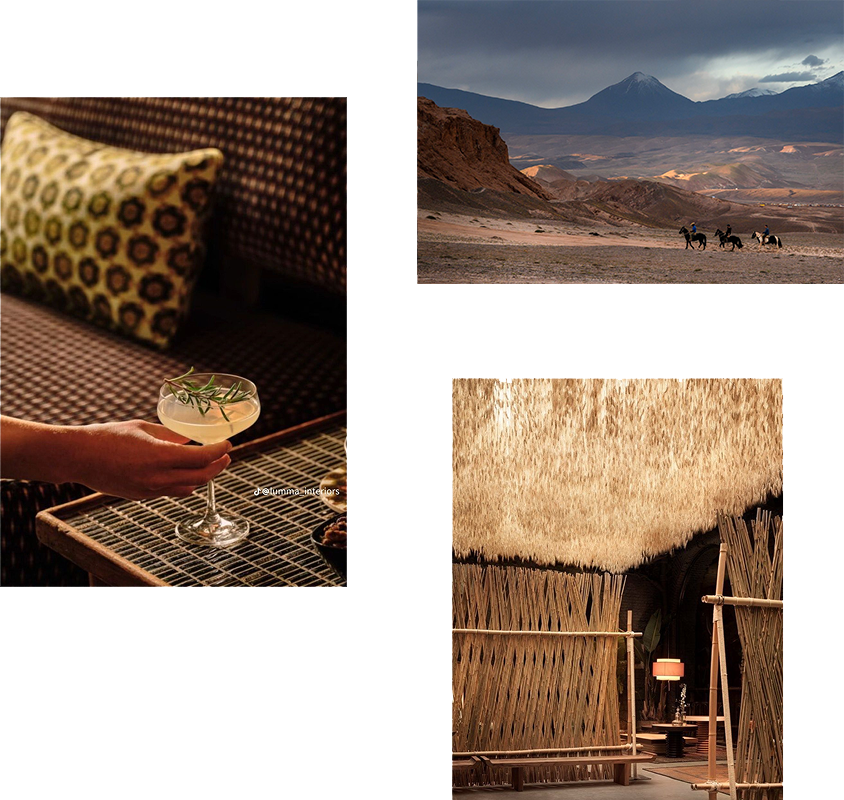 Collage showing cocktail in cozy lounge, horseback riders in desert landscape, and rustic eco-style interior.