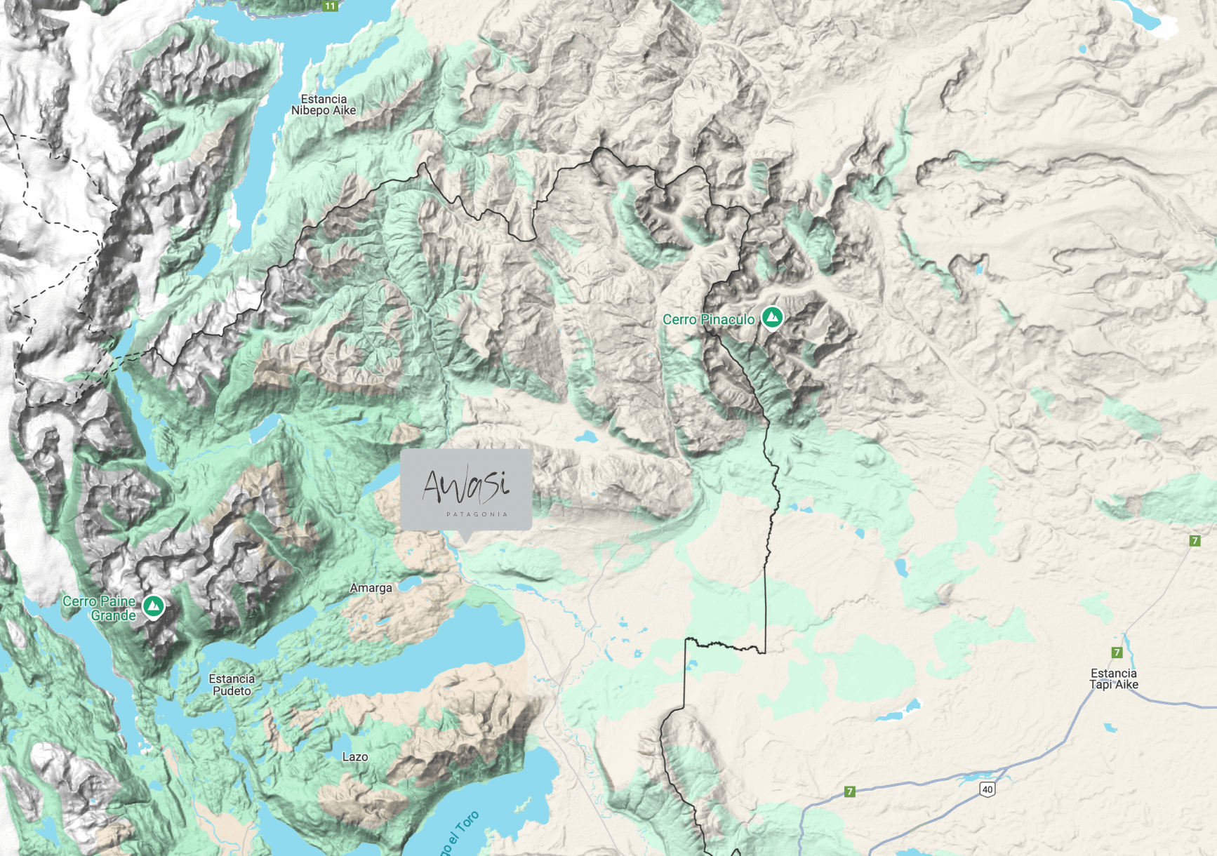 Topographic map of Patagonia showing mountains, lakes, borders, and labeled landmarks near Awasi Patagonia.