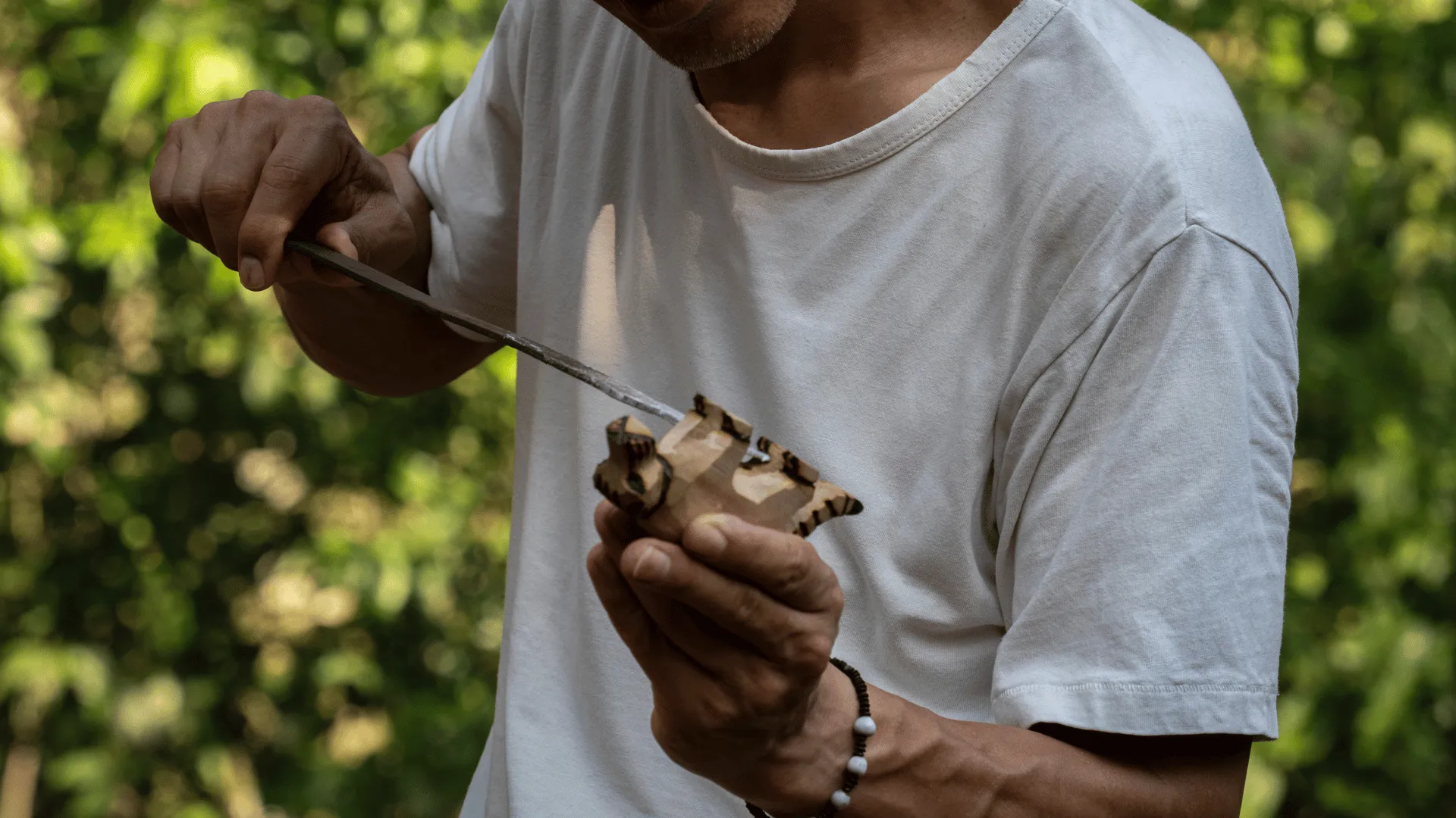 Hands carving a small wooden animal figure outdoors.