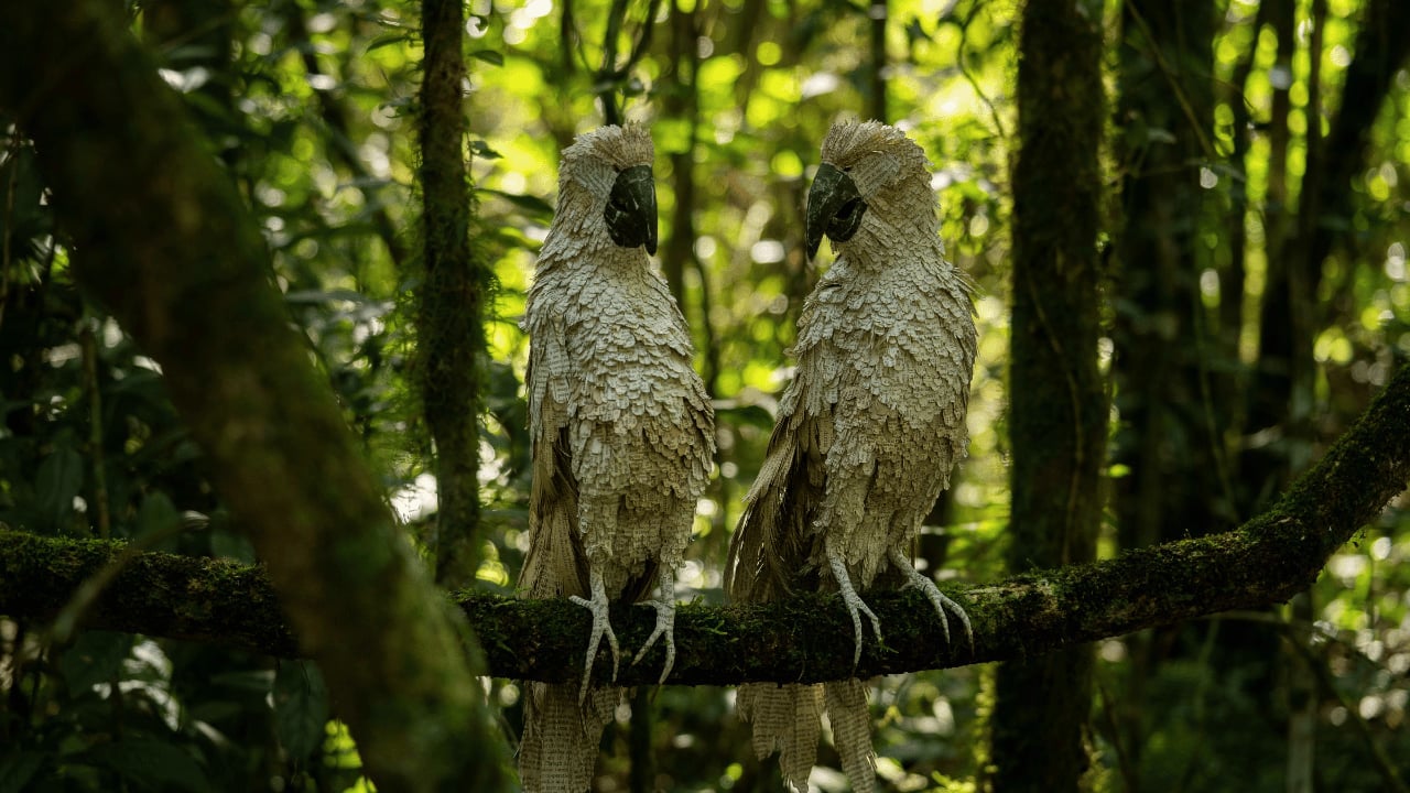 Two parrots perched on a branch in a dense forest, facing each other amid lush greenery.