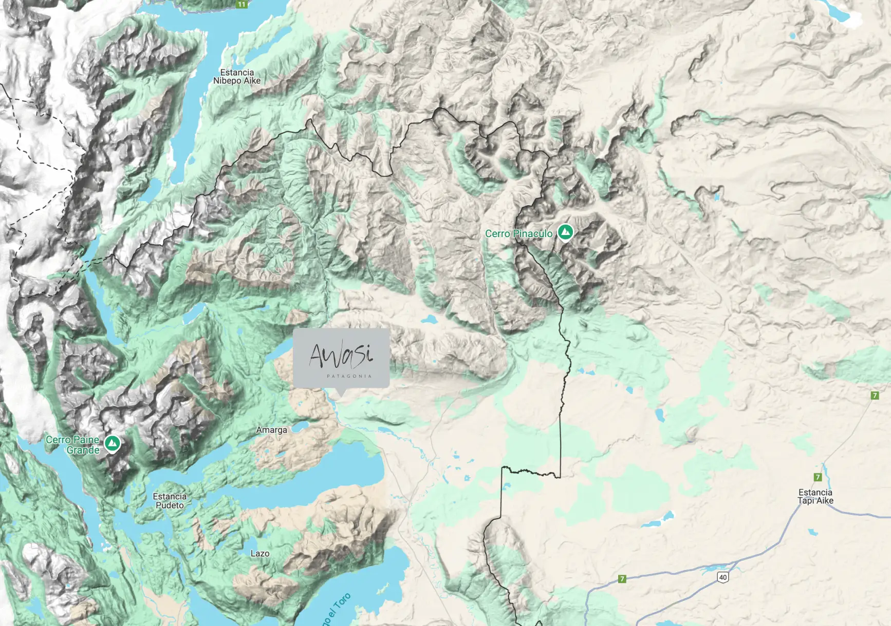 Topographic map of Patagonia showing mountains, lakes, estancias, roads, and the central location of Awasi Patagonia.