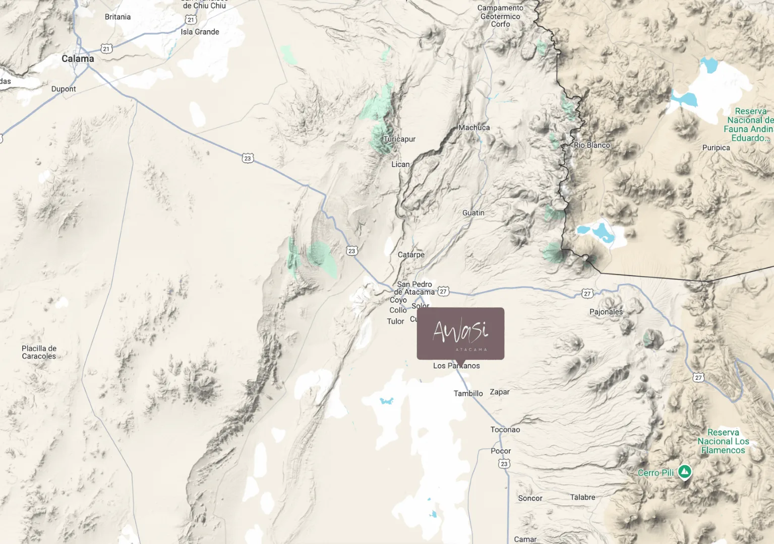 Map showing Awasi Atacama location near San Pedro de Atacama, Chile
