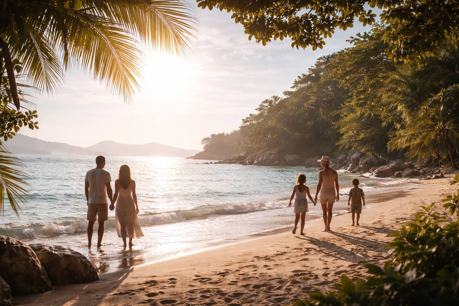 Family walking along a tropical beach at sunset surrounded by palm trees and calm ocean waves