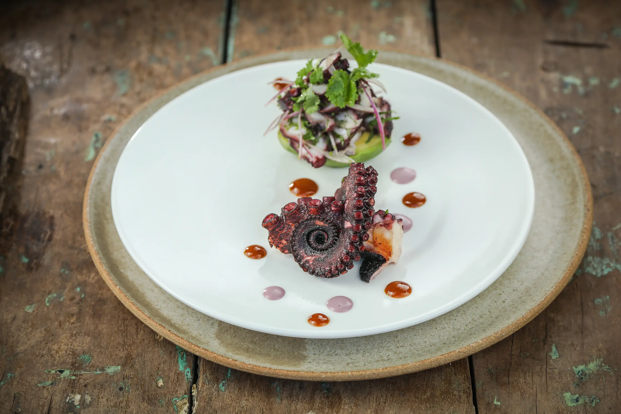Plated Octopus Dish With Avocado Salad And Sauce Droplets On A Rustic Wooden Table.