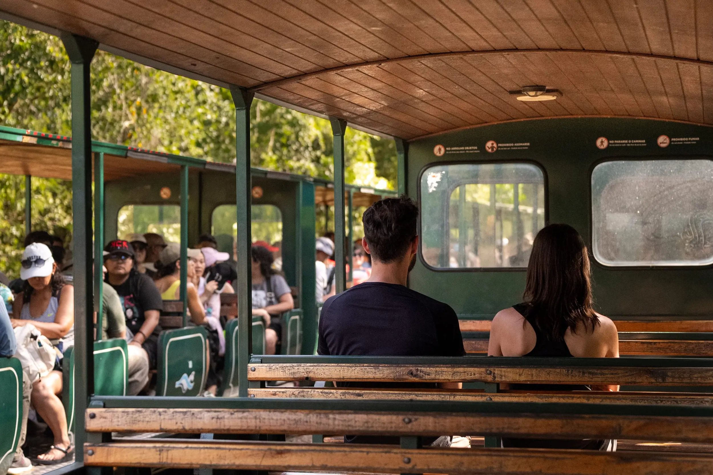 Passengers Seated On An Open-Air Tram Ride Through A Lush Forested Area On A Sunny Day.