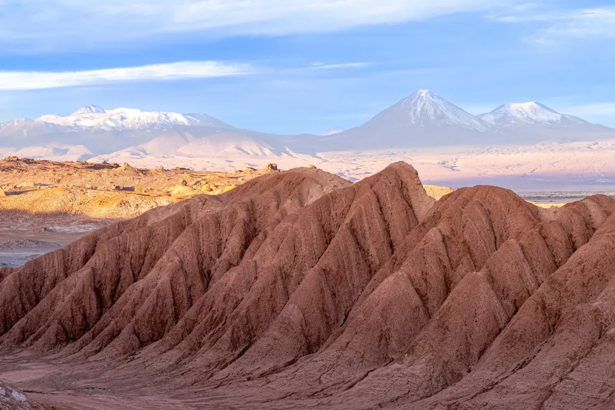 Jagged Red Rock Formations Ripple Across The Desert Landscape Beneath Distant Snow-Capped Mountains.