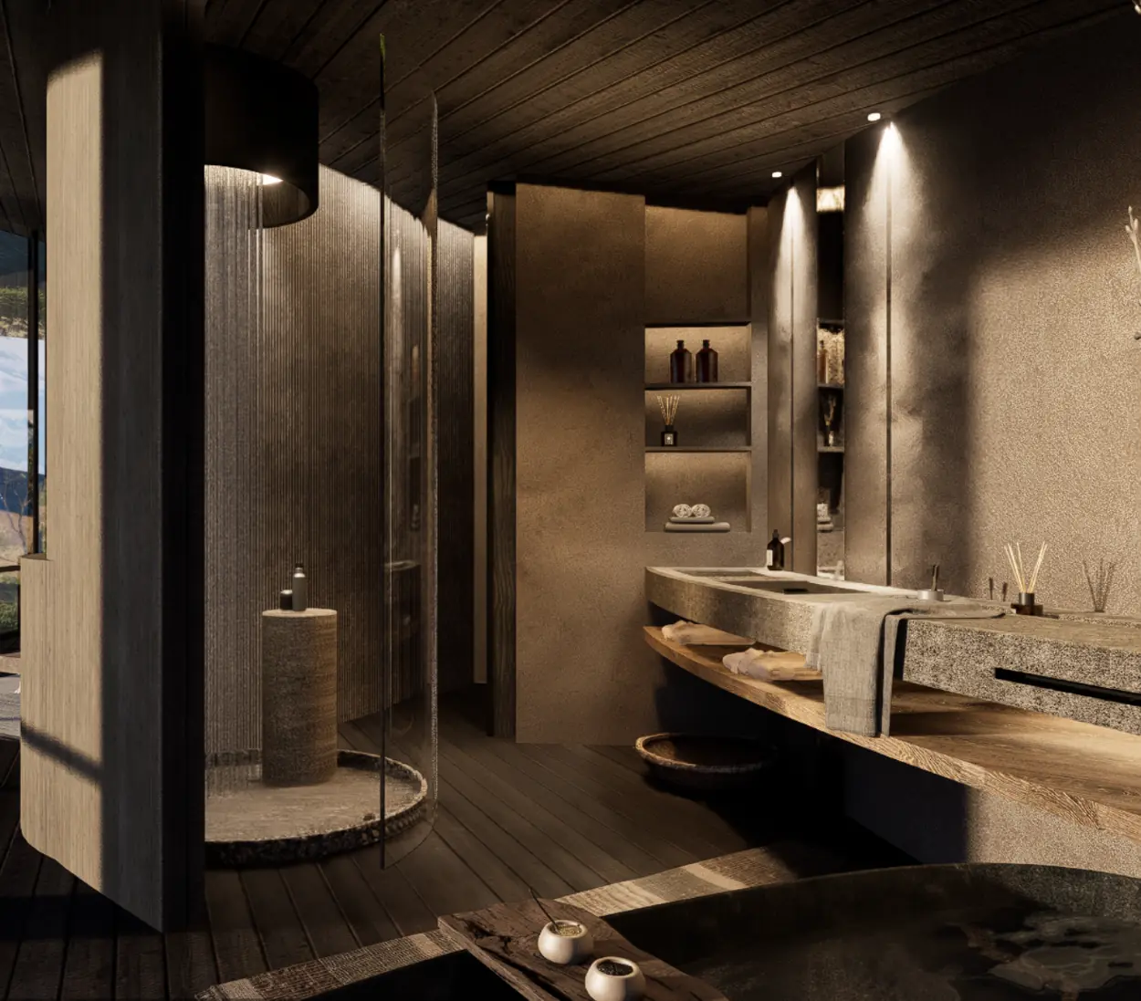 A Luxurious, Dimly Lit Bathroom With A Curved Glass Rain Shower And A Long Stone Vanity.