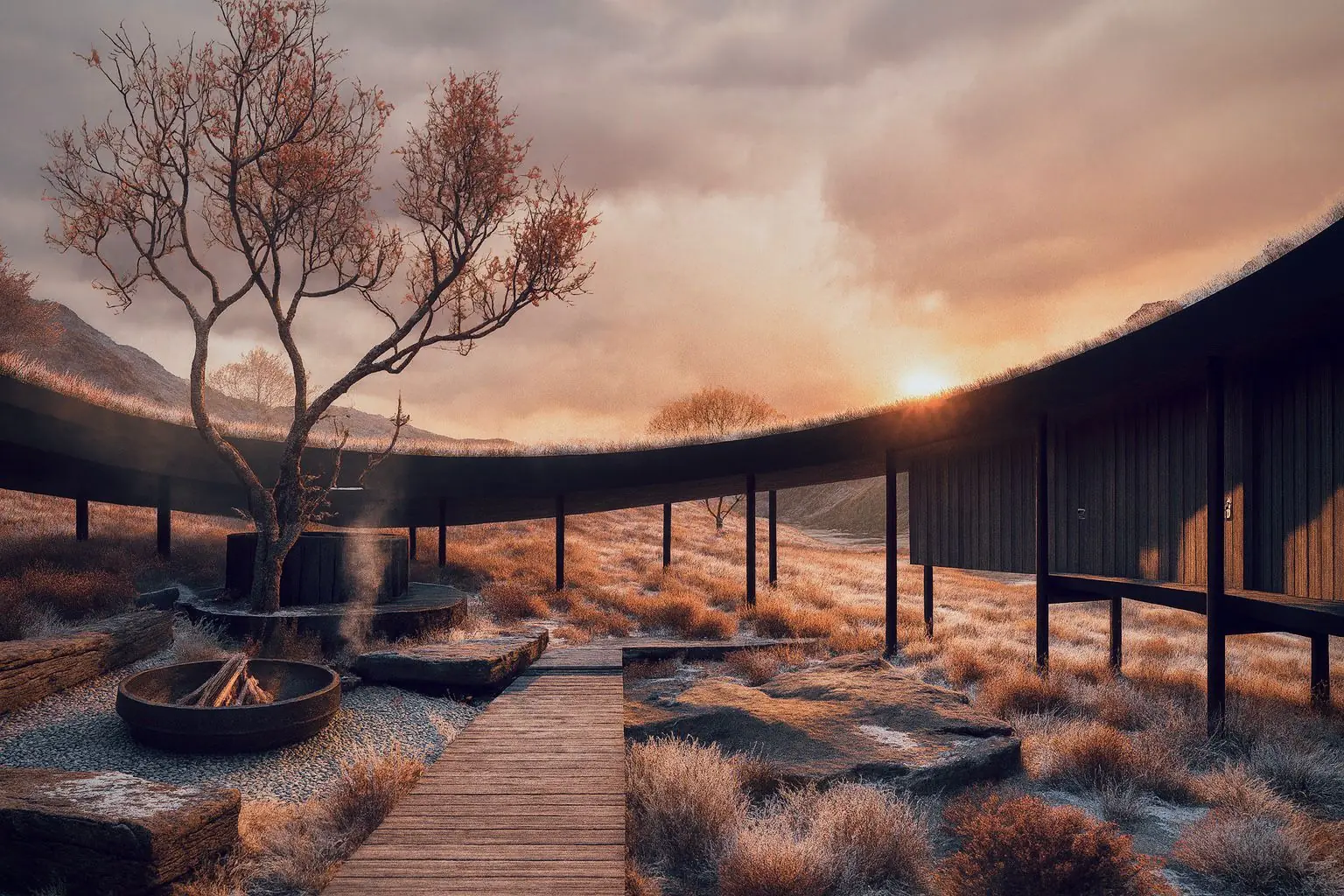 A Minimalist Wooden Boardwalk Paths Towards A Fire Pit And A Curved, Elevated Modern Building Structure During Sunset.