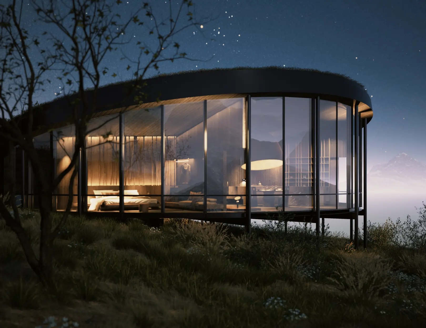 A Modern, Curved Glass Luxury Villa Glowing Warmly At Night On A Hillside Under A Starry Sky.