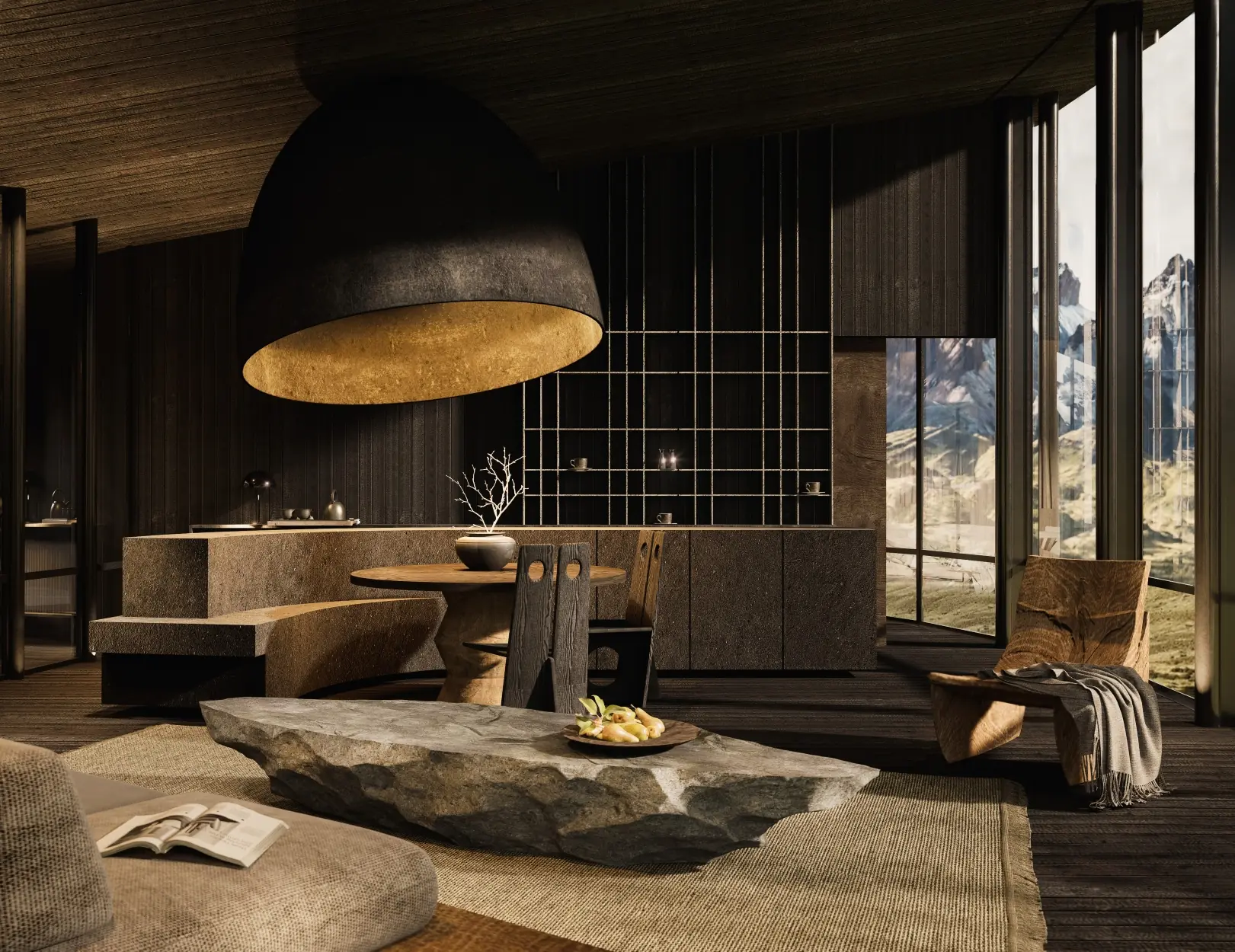 Open-Concept Living Space Featuring A Textured Stone Coffee Table, A Dark Wood Dining Set Beneath An Oversized Gold-Lined Pendant Light, And Large Windows Offering Views Of Mountainous Terrain.