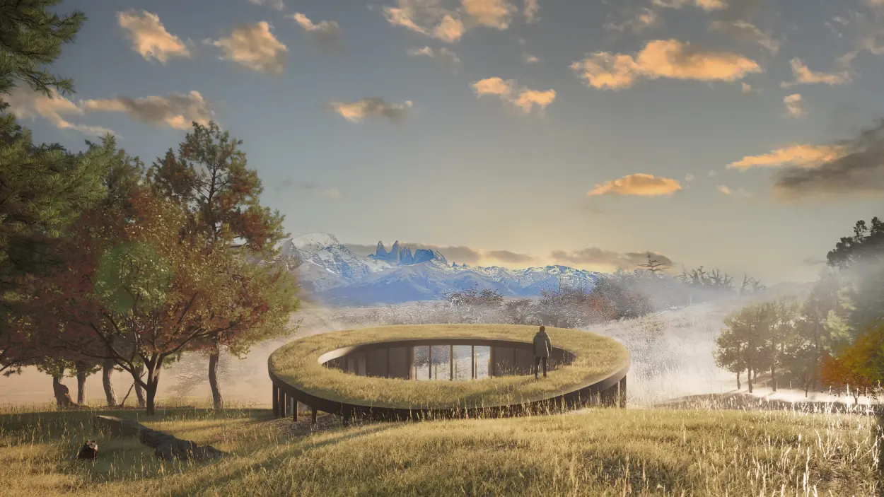 A Person Stands On A Circular, Grass-Roofed Building Overlooking Snowy Mountain Peaks.