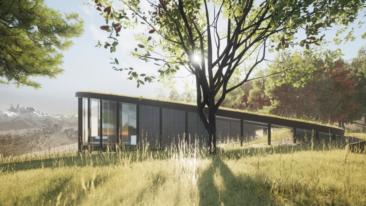 A Modern, Sloped Grass-Roofed Building Sits On A Hillside Near Snowy Mountain Peaks.