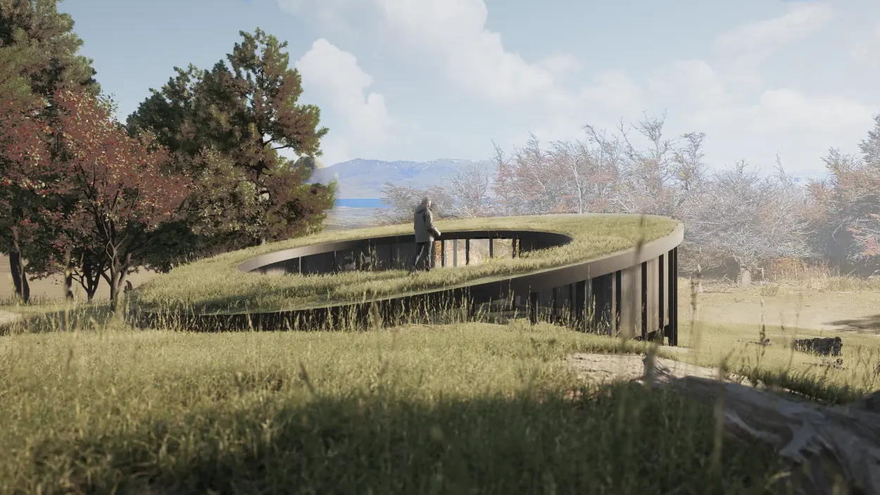 A Person Stands On A Circular, Grass-Roofed Building Overlooking Snowy Mountain Peaks.