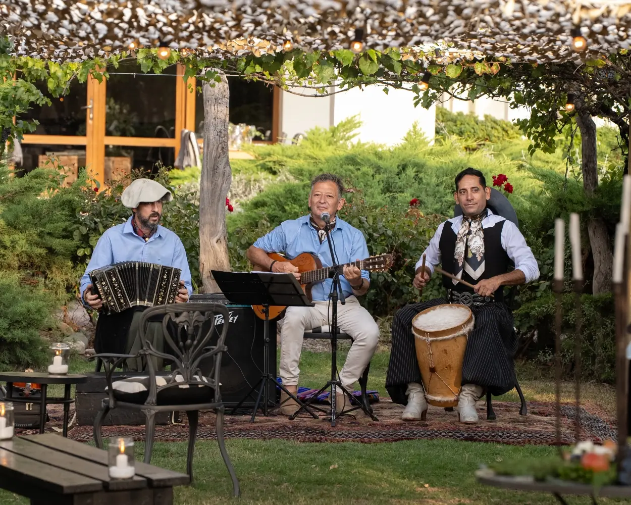Three Musicians Perform Outdoors In A Garden Setting With Guitar, Accordion, And Drum Under String Lights.